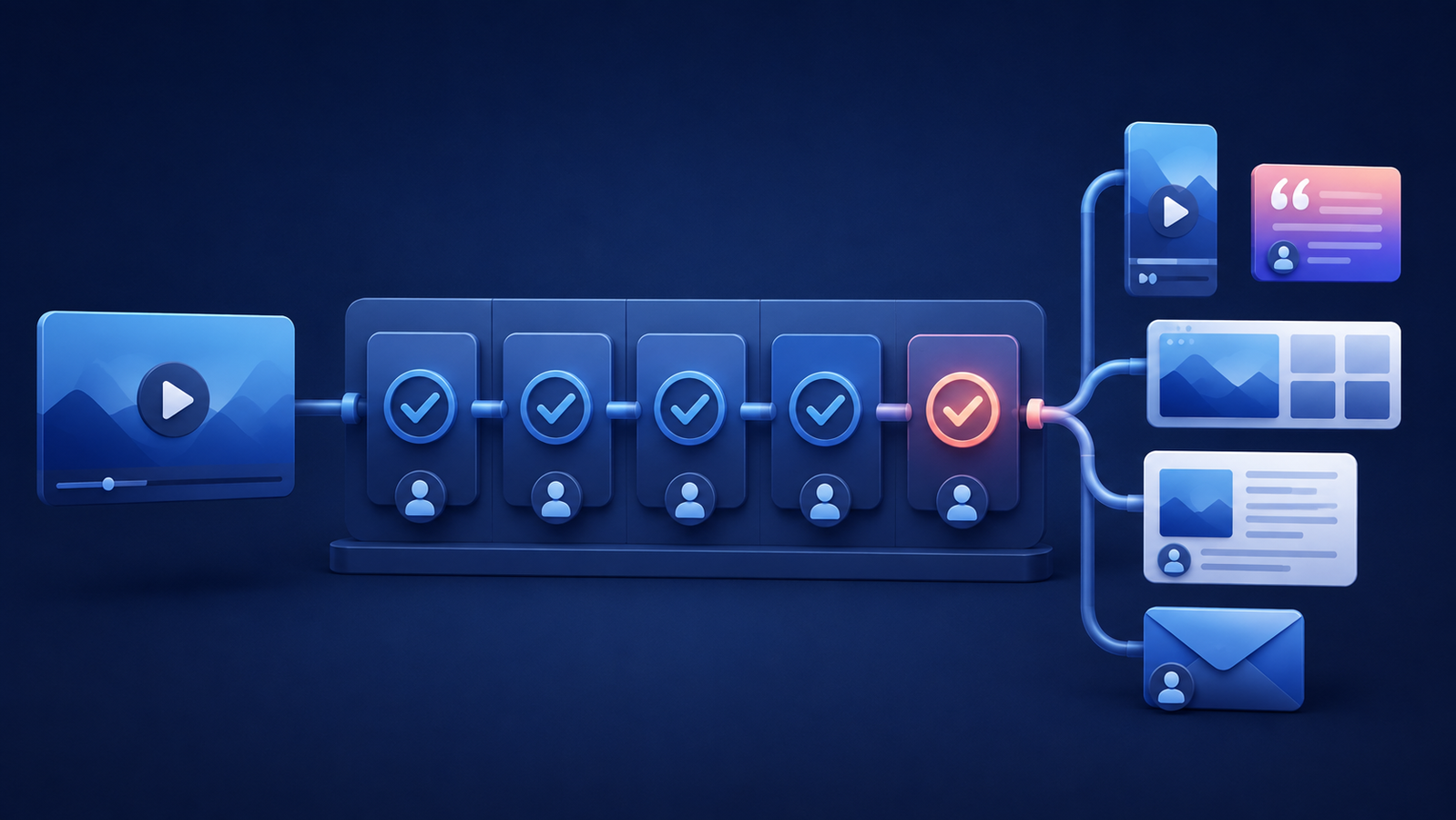 One expert recording moving through a content repurposing workflow with planning, review, and publishing stages