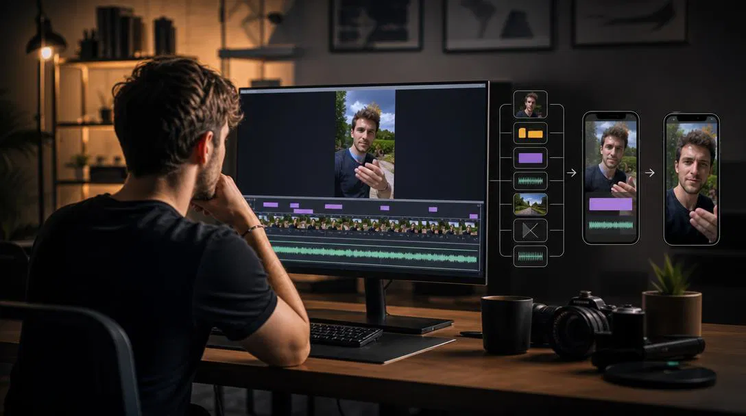 Creator polishing captions, cuts, B-roll, and sound for a vertical short video