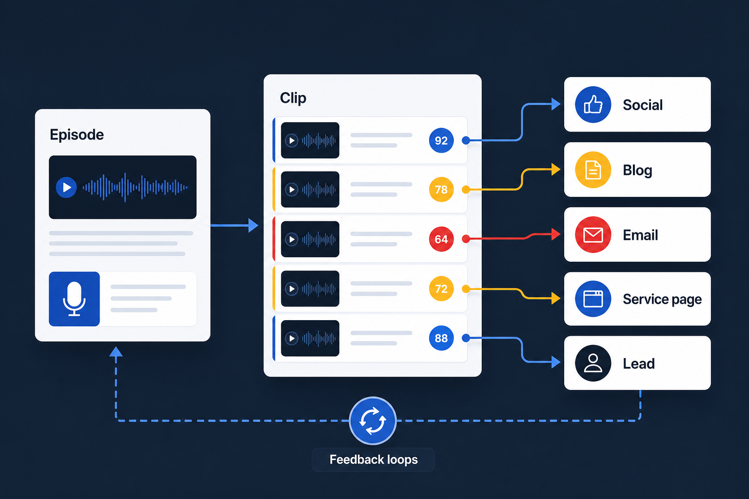 Workflow showing podcast clip moments routed to social, blog, email, and service page outcomes
