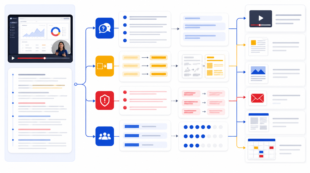 Product demo recording mapped into buyer questions, use cases, clips, posts, emails, and calendar assets.