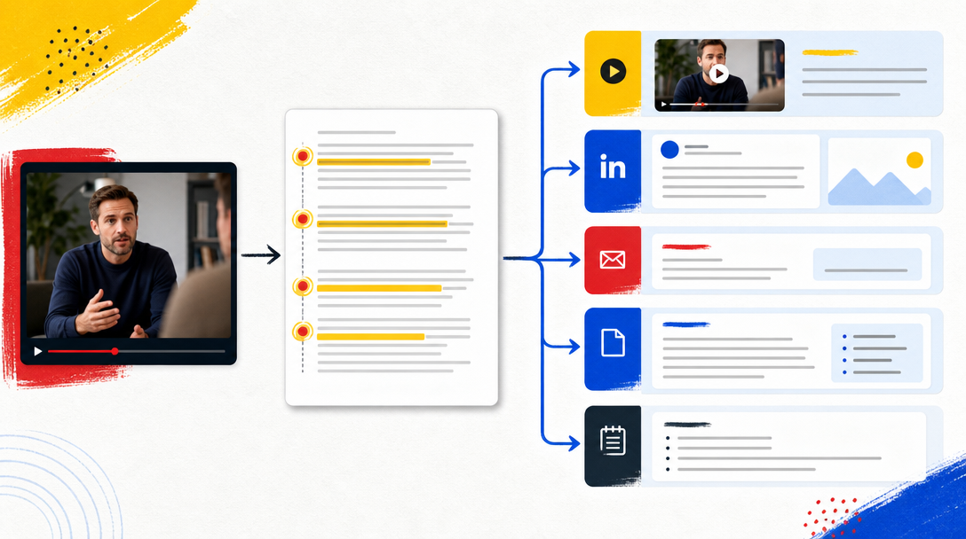 Sales call source moments mapped into clips, posts, emails, blog sections, and sales notes.