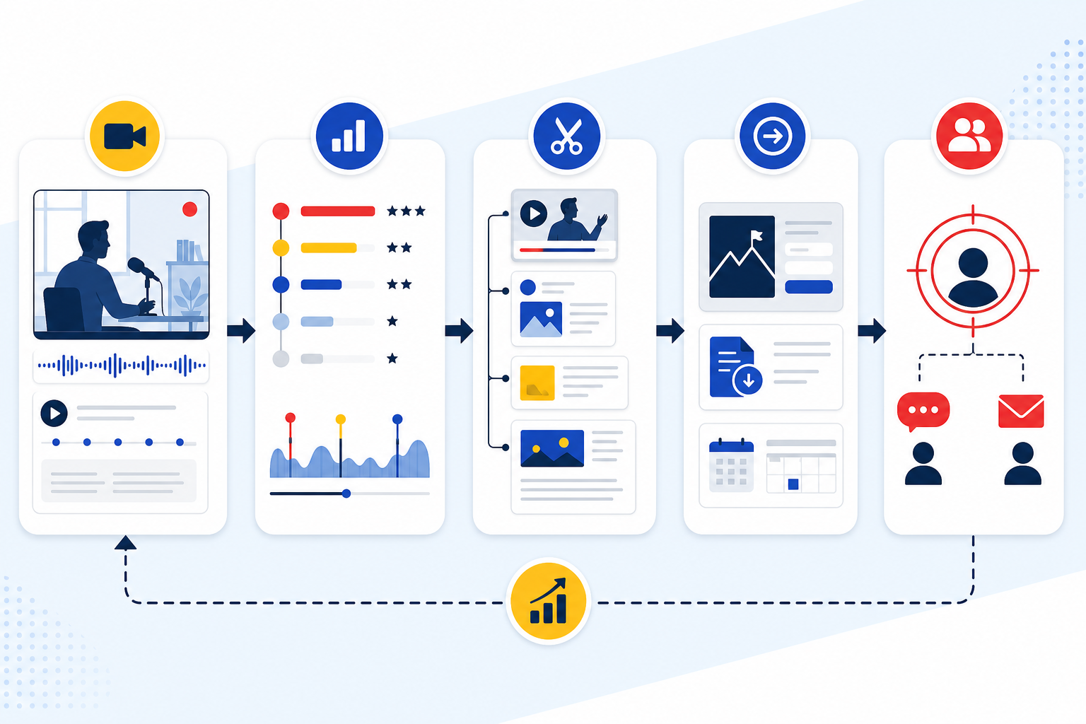 Workflow showing one long-form recording scored into moments, repurposed into assets, and connected to a lead path.