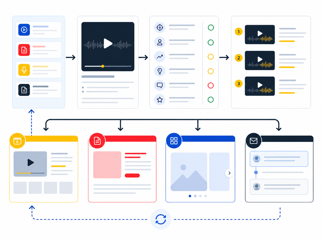 Workflow showing a long-form recording scored into buyer moments and repurposed into clips, blog content, carousel assets, and sales follow-up.