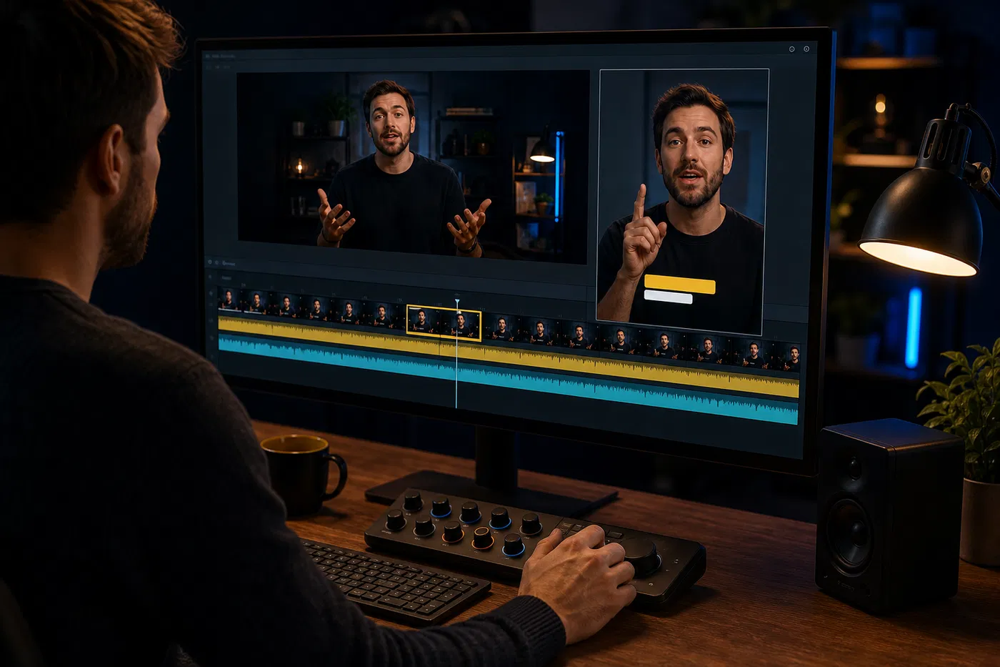 An editor selecting one useful moment from a long-form video timeline and reframing the same speaker for a vertical Short.