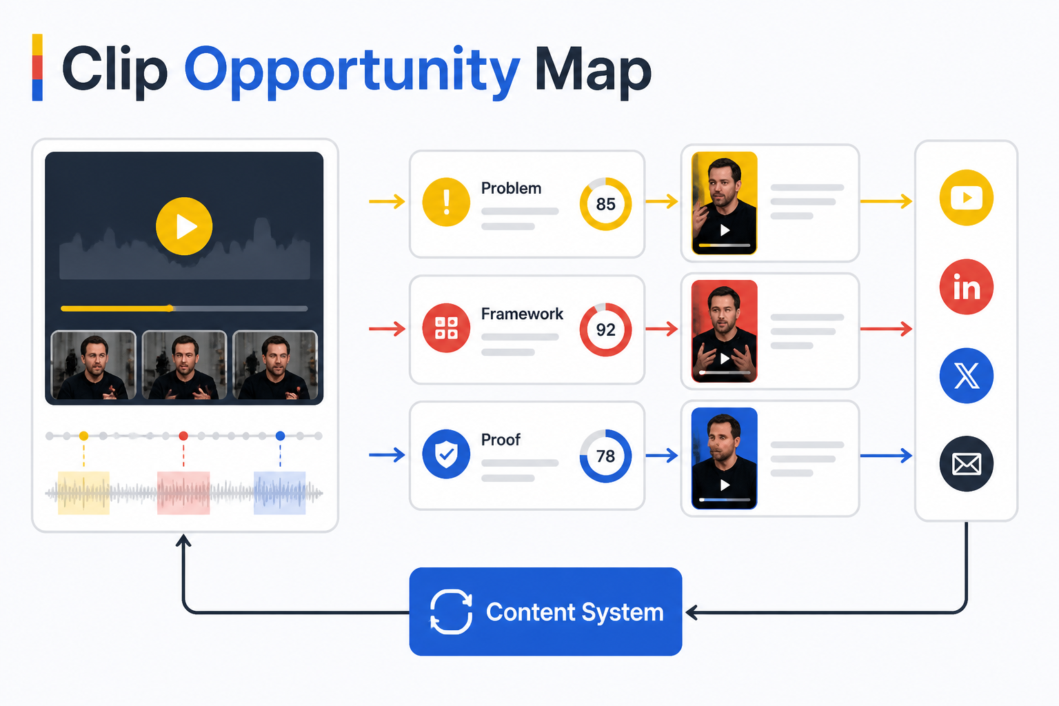 Clip Opportunity Map workflow for scoring long-form video moments
