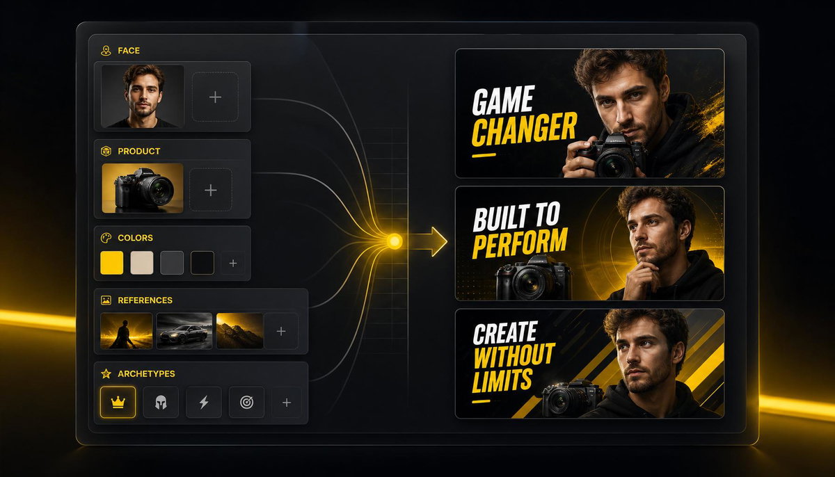 Creator kit combining face, product, brand colors, references, and archetypes into three thumbnails