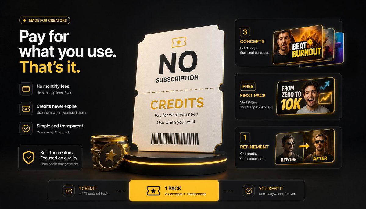 No subscription credit model for Thumbnail Factory with three concepts per pack