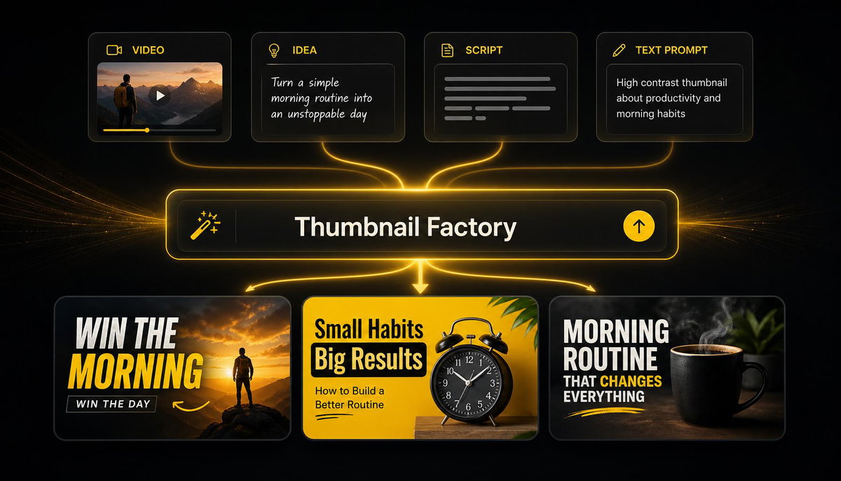 Video, idea, script, and prompt sources flowing into Thumbnail Factory and producing three thumbnail concepts