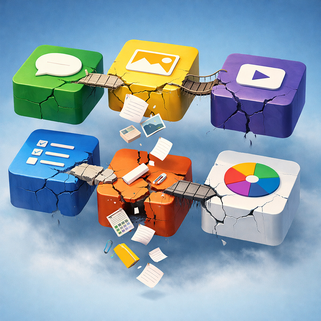 A fragmented six-tool content stack